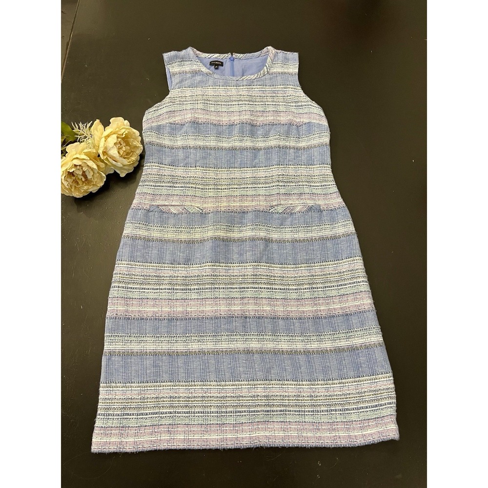 Talbots Blue Tweed Striped Classic Preppy Fitted Shift Dress Sz 12 Old Money